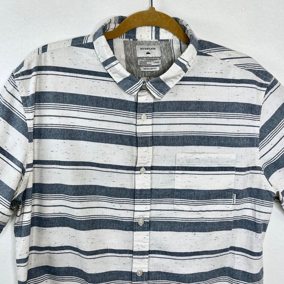 Quiksilver Men Short Sleeve Button Up Shirt Large Regular Fit Blue White Stripe - Picture 3 of 5